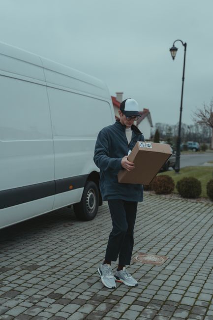 A man with a beard wearing a black cap, white t-shirt, and jeans is inside a van, taking notes on a clipboard. He is next to a woman wearing a white cap, black sleeveless top, and denim skirt, who is holding a medium-sized cardboard box. They are surrounded by several other packed cardboard boxes, some stacked inside the van. The van has an open rear door revealing a spacious interior filled with moving boxes placed on the floor and against the walls, ready for home relocation or furniture transport. The scene is outdoors on a paved surface, with natural lighting illuminating the area, and the surroundings include a background with greenery and a clear sky. This image demonstrates packing and loading processes in professional removals, representing the services provided by Man With a Van Morden.